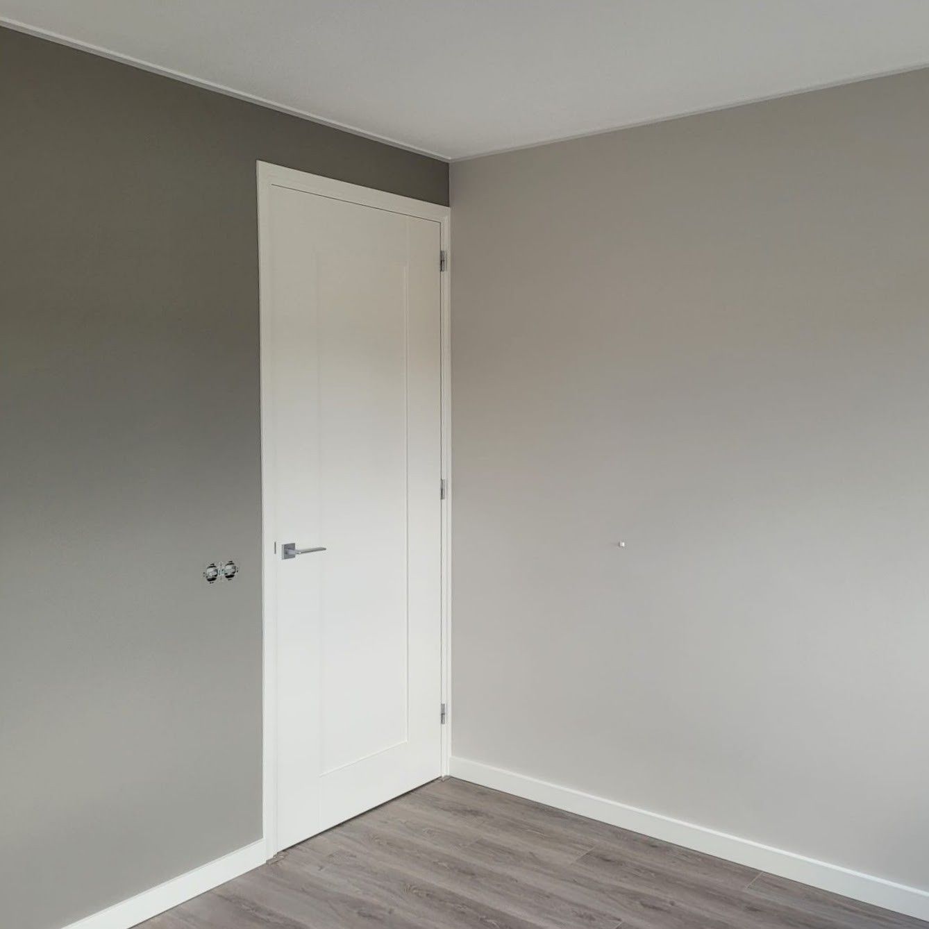 Strak geschilderde grijze kamer met witte deur en plinten